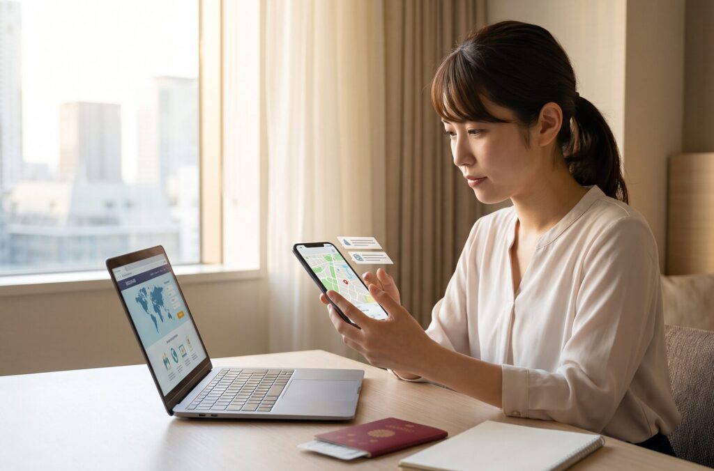 宿泊先のホテルで、スマートフォンとノートパソコンを使い、外務省の海外安全ホームページや最新の治安情報を熱心に確認する日本の女性旅行者。