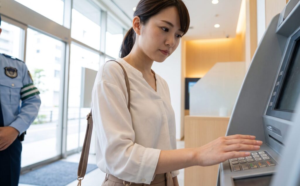 東南アジアの明るい銀行内にあるATMで、周囲を警戒しながら安全に現金を下ろす日本の女性観光客。近くにはガードマンが常駐している。