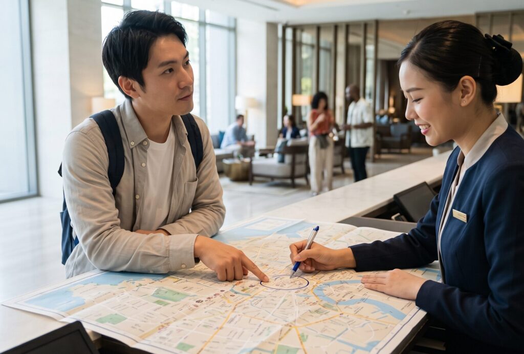 高級ホテルのフロントで、コンシェルジュ(現地スタッフ)に地図を見せながら、周辺の安全なルートと避けるべき危険エリアを確認する日本の男性旅行者。