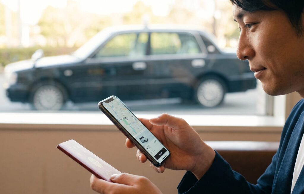 ホテルのロビーで、スマートフォンを使い公式配車アプリで安全な車を手配する日本の男性観光客。