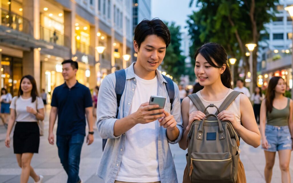 東南アジアの安全で活気ある大通りを、斜め掛けバッグを前に抱え、スマートフォンを手に安心して散歩する日本のカップル。