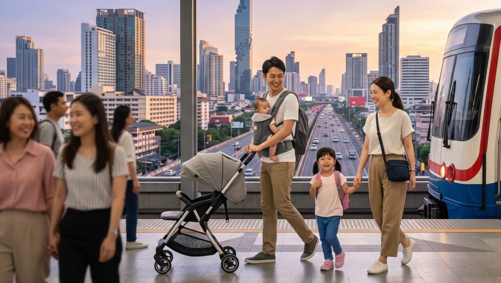 タイのバンコク、夕暮れ時のBTS（高架鉄道）駅ホームで、安全対策を万全にして、笑顔で電車のドアに向かう日本人家族（父、母、娘）。背景には安全な都市の夜景が広がる。タイ旅行を無事に満喫した様子。