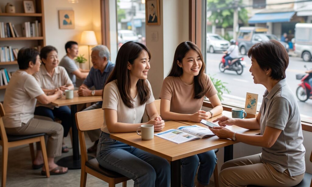 タイのバンコク、住宅街にあるカフェで、現地に長年住む日本人女性（中央）から、時間帯による雰囲気の変化や注意点について、真剣に、かつ親しみやすい表情で話を聞く、日本人女性旅行者のグループ。