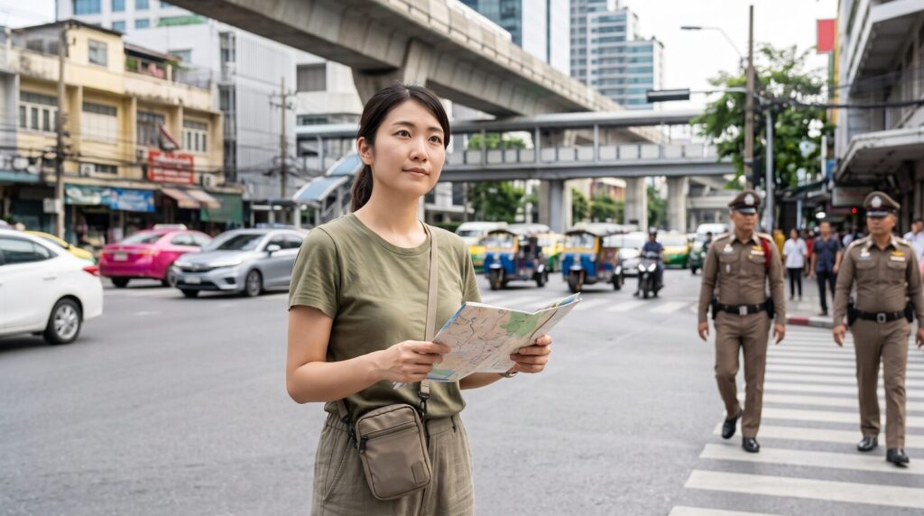 タイの都市部で、警察官がパトロールする中、地図を確認しながら周囲を警戒する日本人女性旅行者。地域による治安の違いを象徴する。