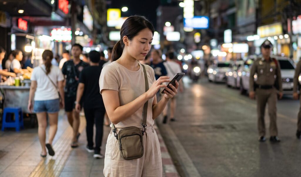 タイのバンコク、夜の歓楽街で、人通りの多い明るい大通りに留まり、正規の配車アプリを利用して安全な移動手段を確保する日本人女性旅行者。