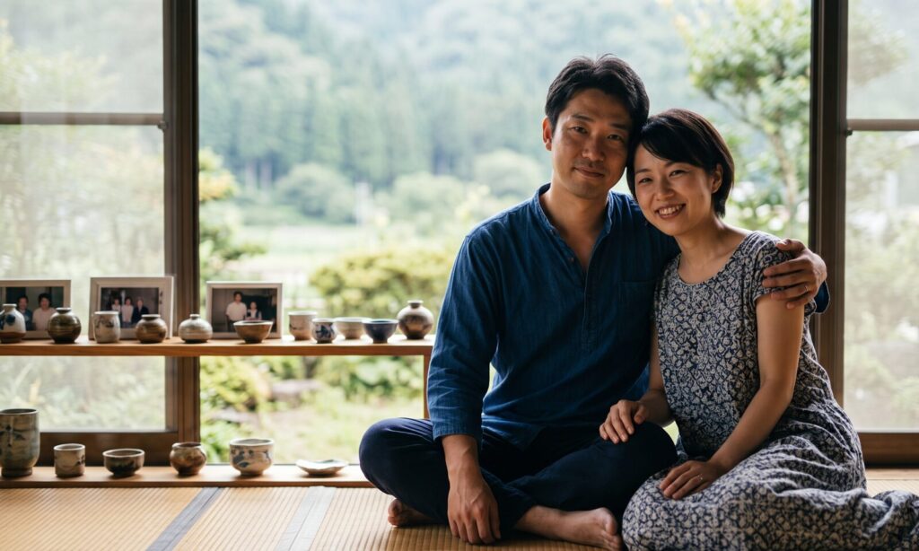 日本人の夫婦が、自宅のリビングでリラックスした表情で座っている。夫(左)が妻(右)に優しく腕を回しており、彼らの表情からは、家の名前に縛られず、生涯ひとりの個人として尊重し合う、ミャンマー的な価値観への深い理解と幸福感が感じられる。背後の窓からは日本の穏やかな田舎の風景が見える。