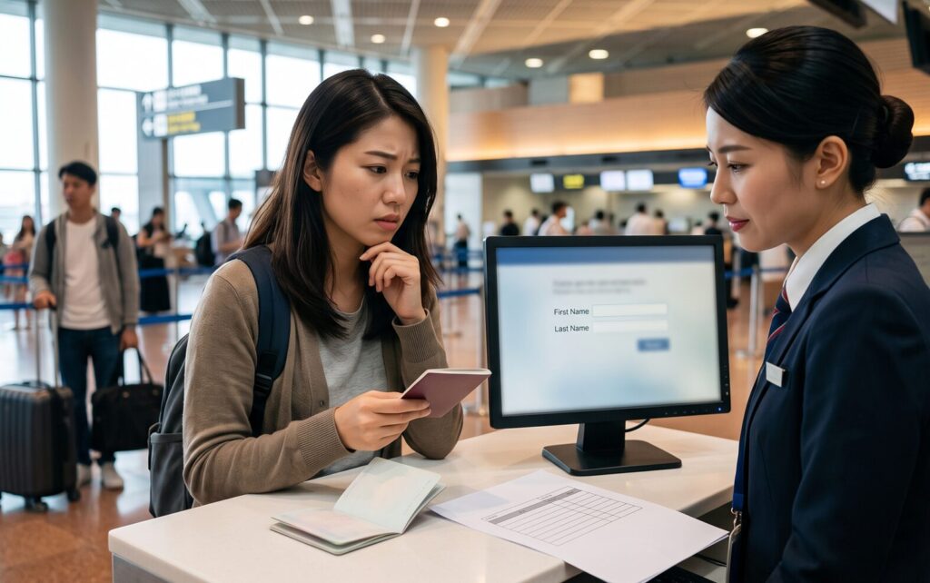 国際空港のチェックインカウンターで、日本人の若い女性旅行者が、パスポート(名前の文字なし)を手に、少し困惑した表情でグランドスタッフの女性と話している。スタッフは、姓と名の入力が必須となっている予約システムの画面(文字なし)を指差しながら説明しており、苗字のない名前によるトラブル発生の瞬間を表している。