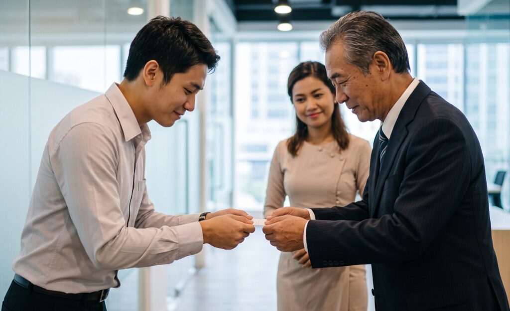ミャンマーのビジネスシーンで、異なる年齢層の日本人男性とビルマ人女性が、相手へのリスペクトを込めて名刺交換と挨拶をする様子。敬称の重要性を表す。