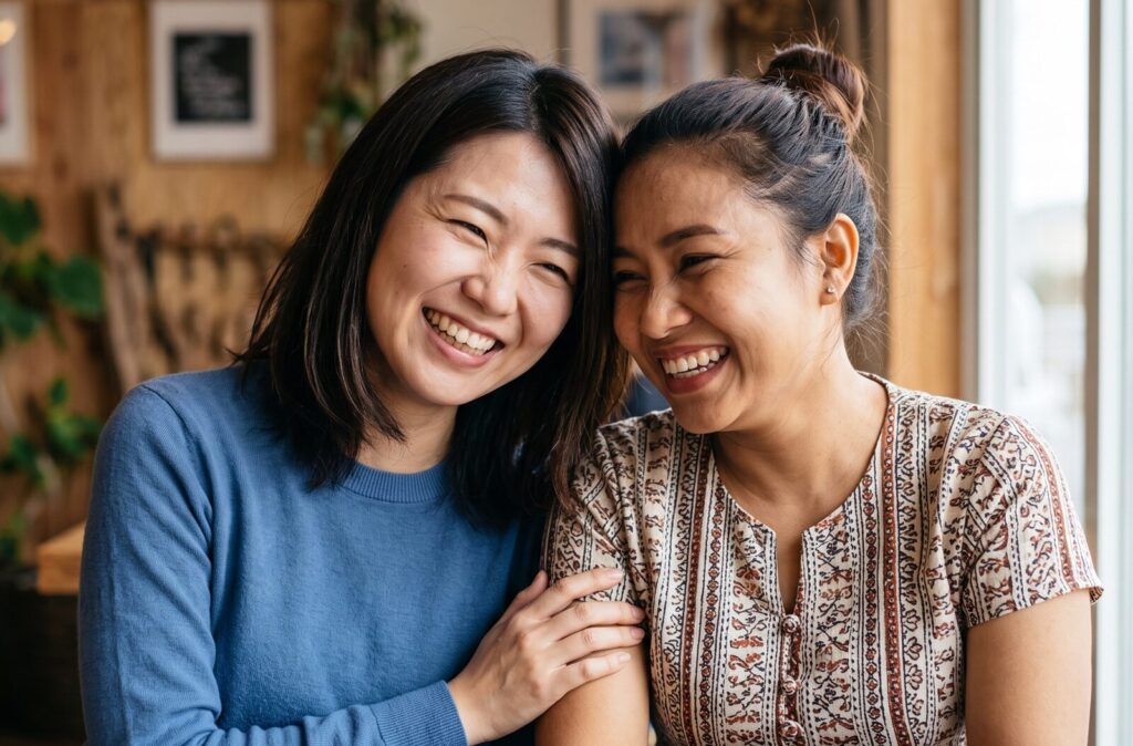 日本人の女性(左)とミャンマー人の女性(右)が、リラックスした雰囲気の中、満面の笑みで肩を寄せ合い、親しさを表現している。彼女たちの深い絆と、カジュアルな呼び方で呼び合う心の距離感を表している。日本の落ち着いたカフェ。
