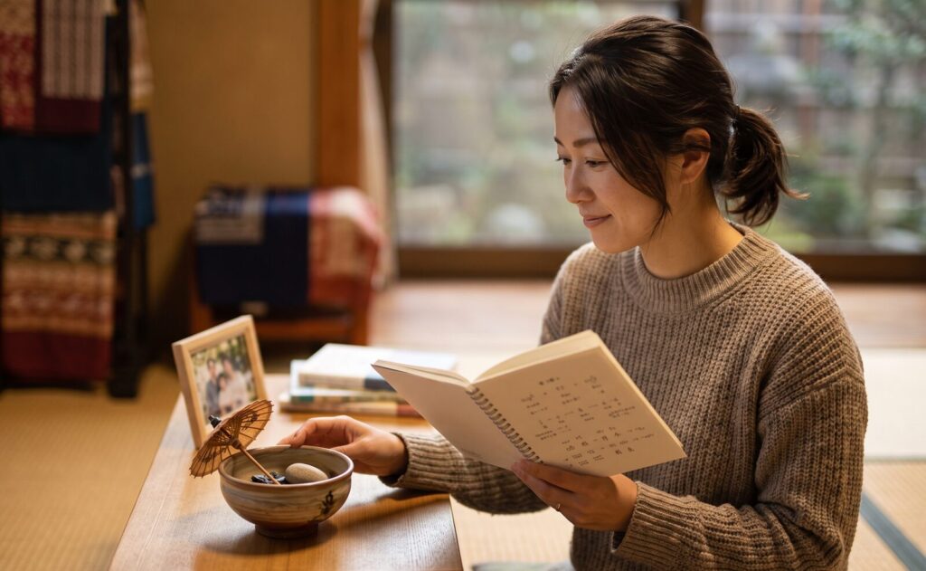 日本人の女性(30代)が、自宅でくつろぎながら、ミャンマーの名前、曜日、そして人生の旅(文字なし)について書かれた伝統的な書面を真剣に、そして嬉しそうに眺めている。彼女の表情からは、ミャンマーの豊かな文化への深いリスペクトと、新しい知識を得た喜びが感じられる。窓からは日本の穏やかな夕暮れの風景が見える。