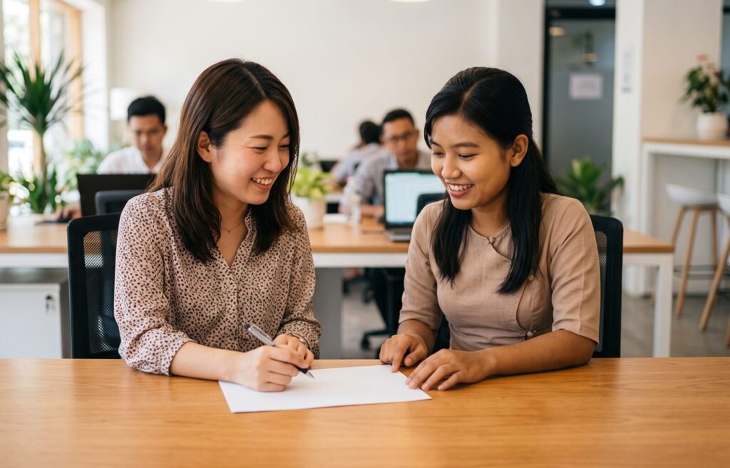 日本人の女性(左)が、ミャンマーの女性(右)に、彼女の名前の正しい呼び方と区切り方について優しく尋ねている。ミャンマーの女性は笑顔で、自分の名前(文字なし)が書かれた紙を示しながら説明している。温かい雰囲気のコワーキングスペース。