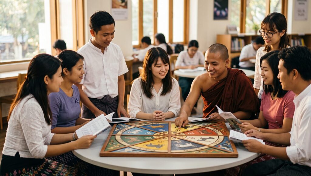 若者8人がが八曜日占星術の伝統歴を囲んで話をしている。