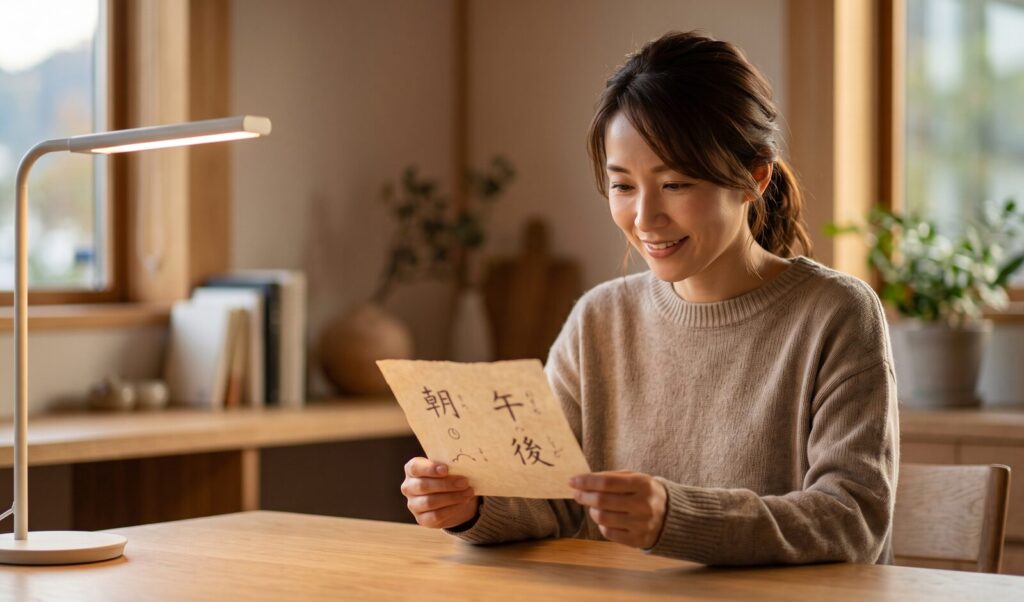 日本人の若い女性が、自宅でくつろぎながら、水曜日の午前生まれと午後生まれで異なるミャンマーの名前の音のグループについて書かれた伝統的な書面を真剣に、そして嬉しそうに眺めている。