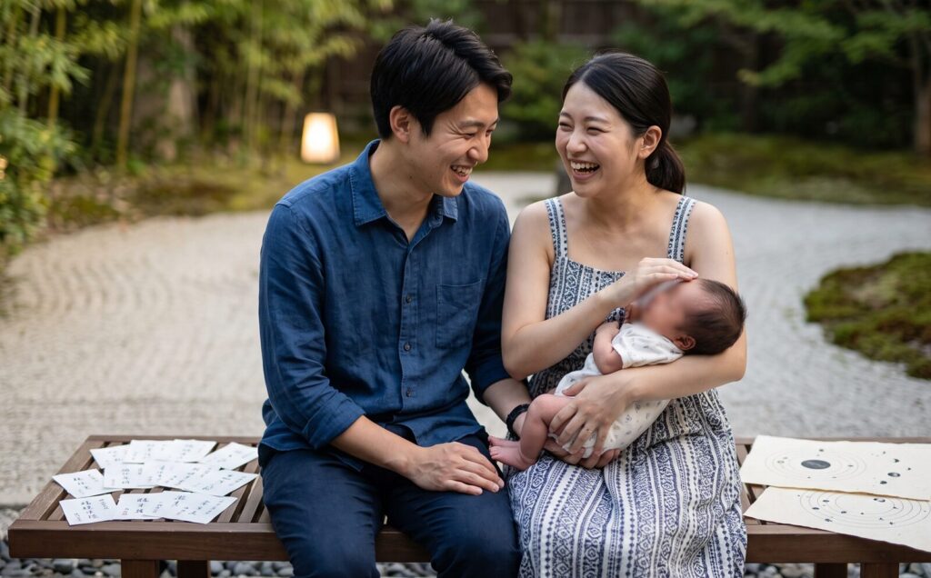 日本人の若い夫婦が、生まれたばかりの赤ちゃんの顔を覗き込みながら、幸せそうに笑っている。彼らの前には、生まれた曜日と文字の意味が記された伝統的なミャンマーの占星術のチャート(文字なし)と、いくつかの候補の名前が書かれた紙(文字なし)が並んでおり、親が名前に込める熱い願いと宗教的な意味について真剣に、そして楽しそうに話し合っている。日本の自宅の庭。