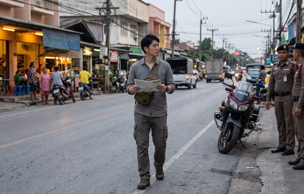 タイの地方都市のリスクエリア周辺で、地図を確認しつつも、パトロール中の現地警察官の姿に安堵しながら警戒を怠らない日本人男性旅行者。