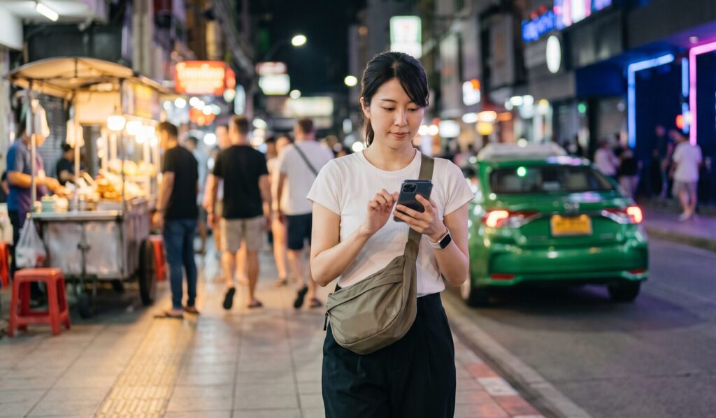タイの夜の歓楽街を安全に楽しむため、人通りの多い大通りで正規配車アプリを利用して車を待つ日本人女性旅行者。