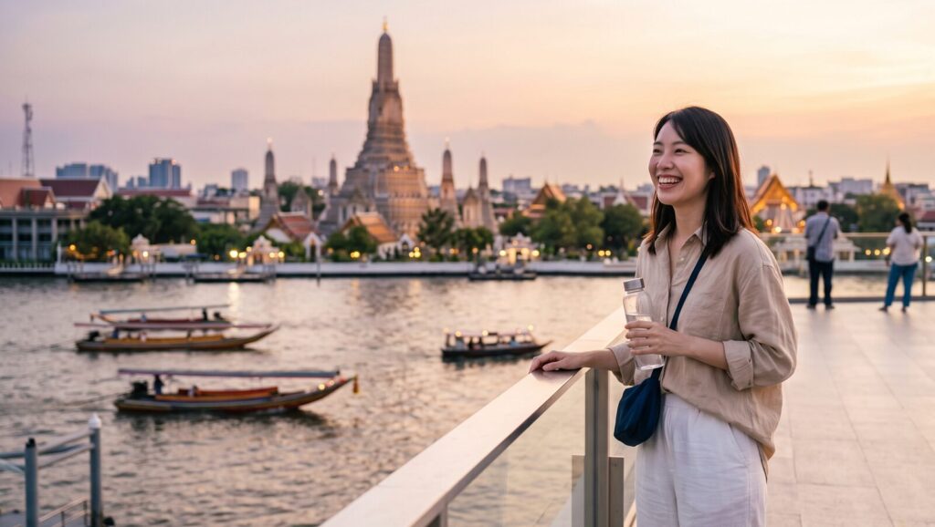 夕暮れ時の美しいチャオプラヤー川とワット・アルンを背景に、安全対策を意識した斜め掛けバッグを身につけ、笑顔で景色を楽しむ日本人の女性旅行者。