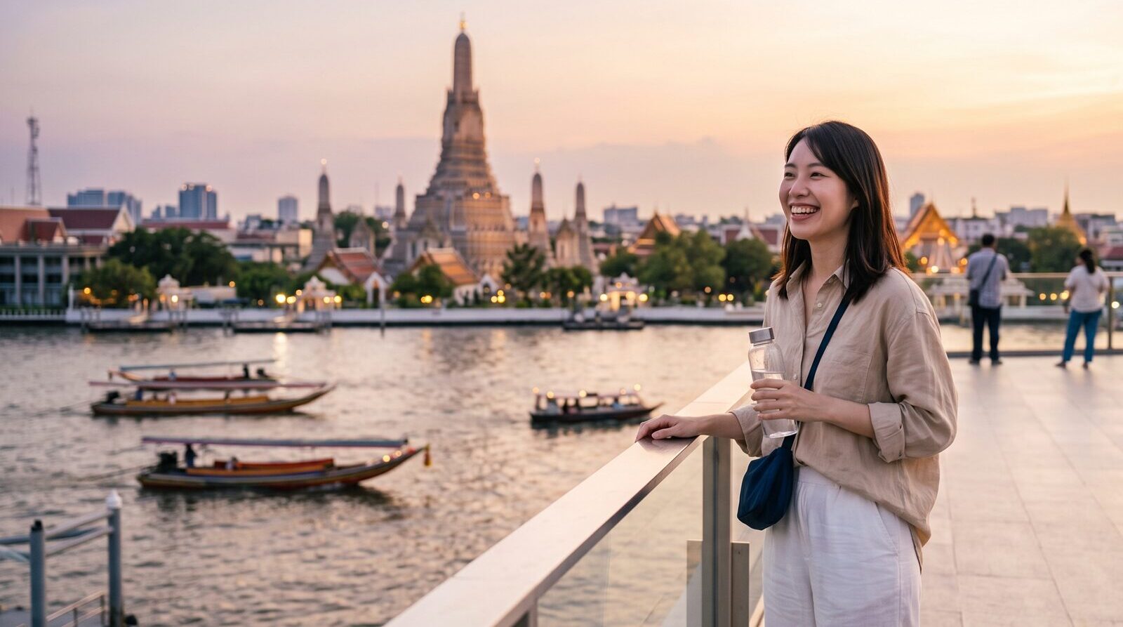 夕暮れ時の美しいチャオプラヤー川とワット・アルンを背景に、安全対策を意識した斜め掛けバッグを身につけ、笑顔で景色を楽しむ日本人の女性旅行者。