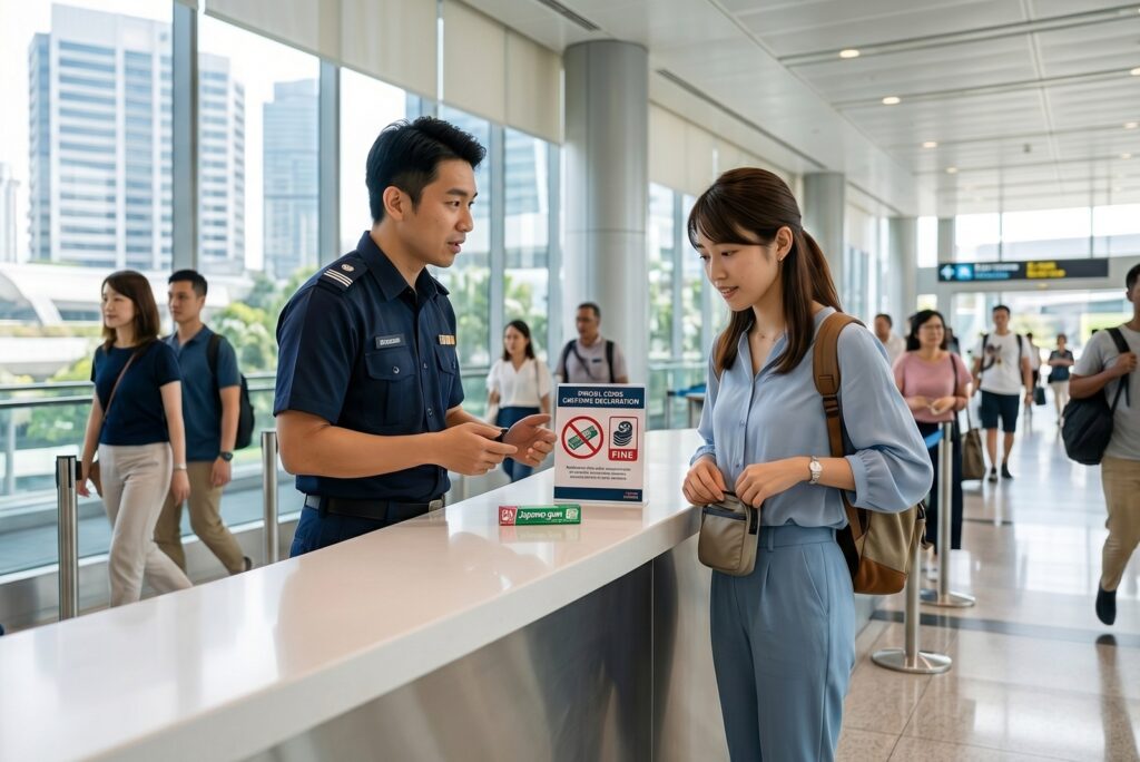 シンガポールのチャンギ空港到着ロビーで、日本人女性旅行者がカスタムオフィサーからガムの持ち込み制限について説明を受けている。カウンターには没収されたガムパックと、禁止アイコン付きの罰金警告サインが置かれている。