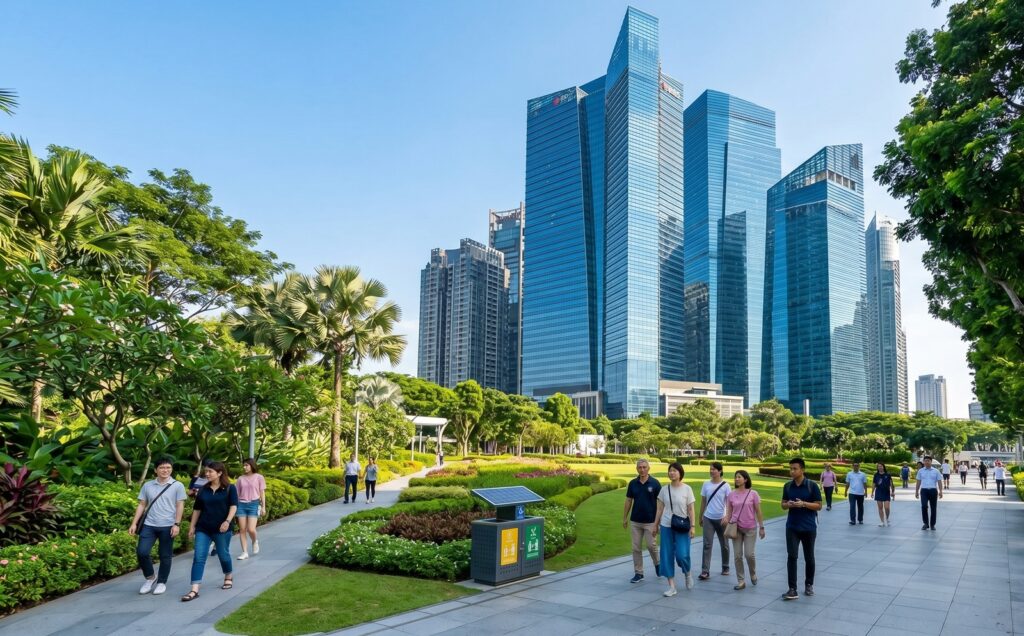 シンガポールの高層ビル群を背景に、完璧に整備された清潔な公共の公園と遊歩道。ゴミ一つない街並みが、厳しい罰則と高い公共意識によって維持されていることを示す。
