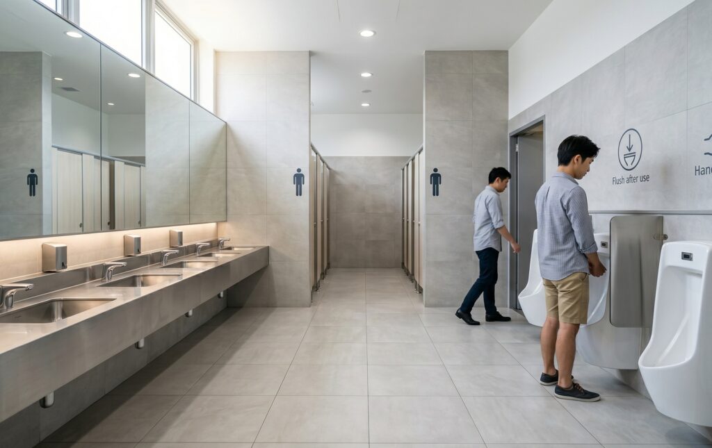 シンガポールの現代的で非常に清潔な公共トイレの内部。床や壁はタイル張りで、器具は最新式。清潔さを維持するための厳しいルールと、設備の現代性を伝える。