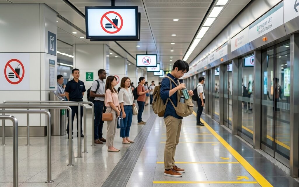 シンガポールのMRT(地下鉄)駅構内のホーム。壁や天井のモニターには飲食禁止を示す国際的なアイコンが大きく表示されている。日本人旅行者の男性が、駅に入る前にペットボトルをカバンにしまっている。厳しい飲食禁止ルールの徹底ぶりを伝える。