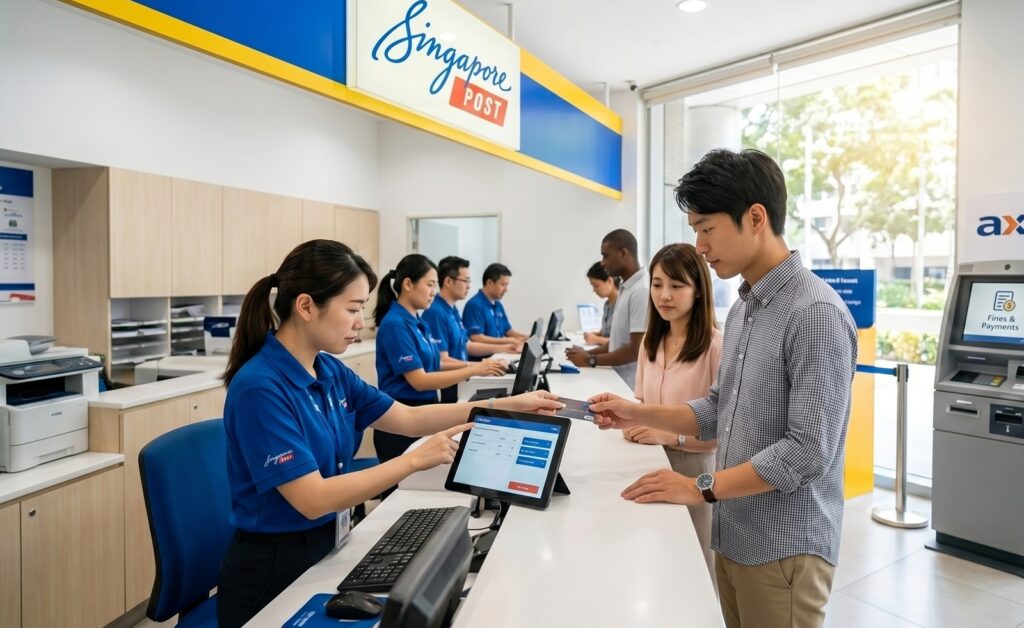 シンガポールの郵便局(SingPost)の清潔な窓口。日本人旅行者の男性が、スタッフにクレジットカードを渡し、罰金の支払い手続きを行っている。背後には、街中で見かけるAXS端末(電子決済マルチ端末)も配置されており、多様な納付手順を説明する。