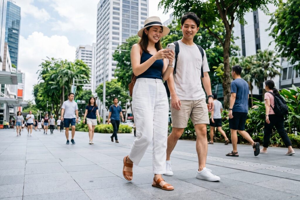 シンガポールの街中を歩く、かかとのあるサンダルを履いた日本人観光客の女性とスニーカーを履いた男性。清潔な街並みと、服装自由な日常の様子を伝える。