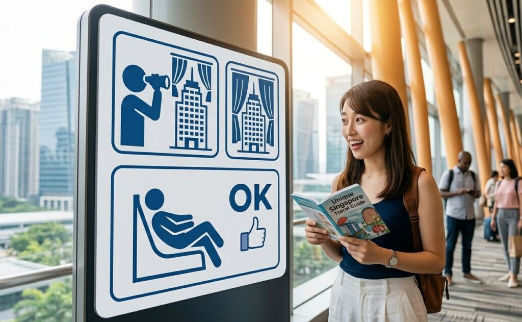 シンガポールのチャンギ空港の到着ロビーで、日本人女性旅行者が「ユニークなシンガポールの旅行ルール」と書かれたブックレットを手に、面白そうにユニークな法律に関するピクトグラムを確認している。ピクトグラムは、双眼鏡、カーテン、そしてOKサインを組み合わせたもので、室内の露出に関するルールを象徴している。