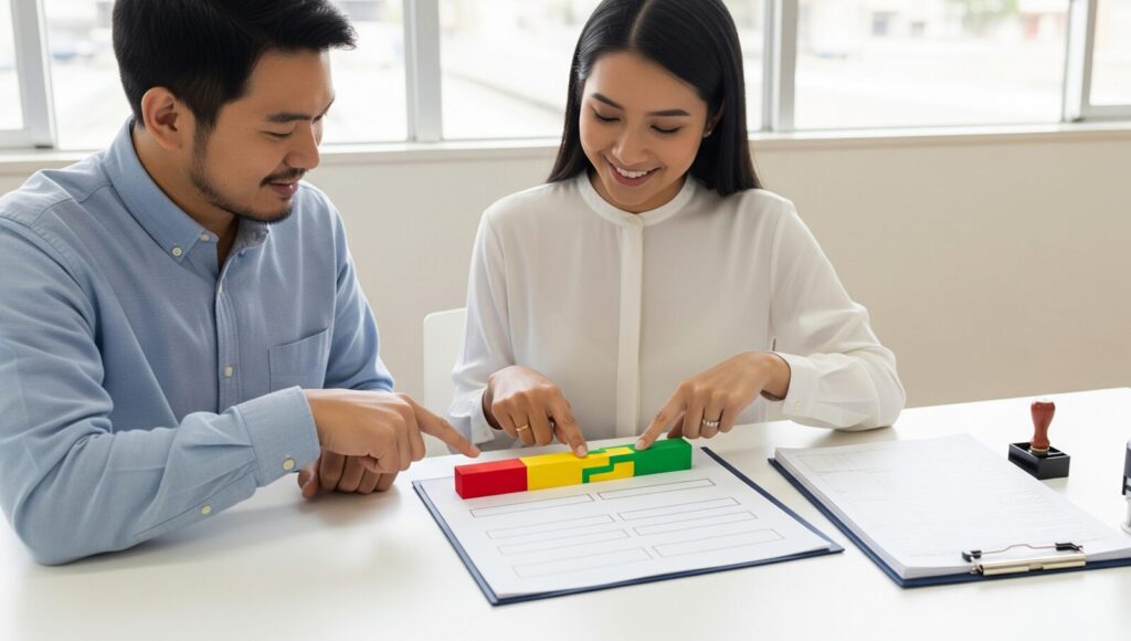 カップルが国際結婚による名前の変更について確認している。