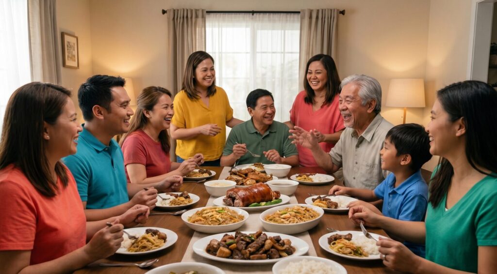 フィリピン人の家族が笑顔で家庭料理を囲み、ニックネームで呼び合う様子。温かい家庭の雰囲気と、家系を大切にする文化が感じられる。
