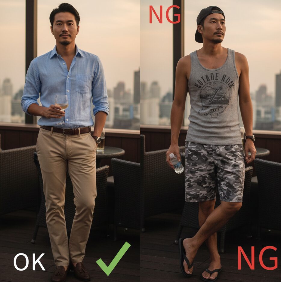 タイのルーフトップバーにおける男性のNG服装と推奨される服装を比較