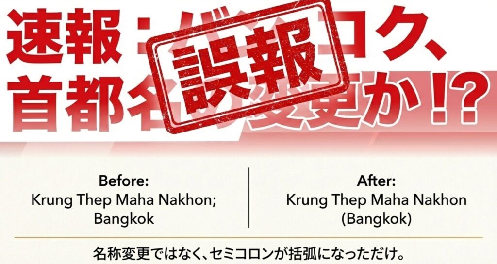 「速報:首都名変更か!?」というヘッドラインとともに、変更点がセミコロンから括弧に変わっただけであることを解説するニュース風の画像