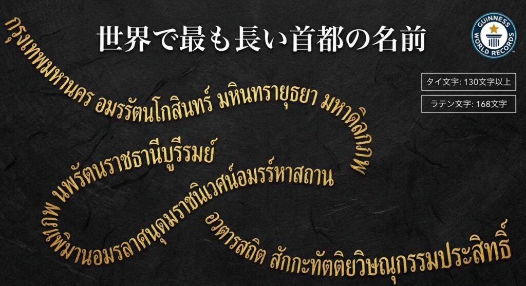 ギネス世界記録のロゴマークと、非常に長いバンコクの正式名称(タイ文字およびラテン文字の一部)がデザインされた画像