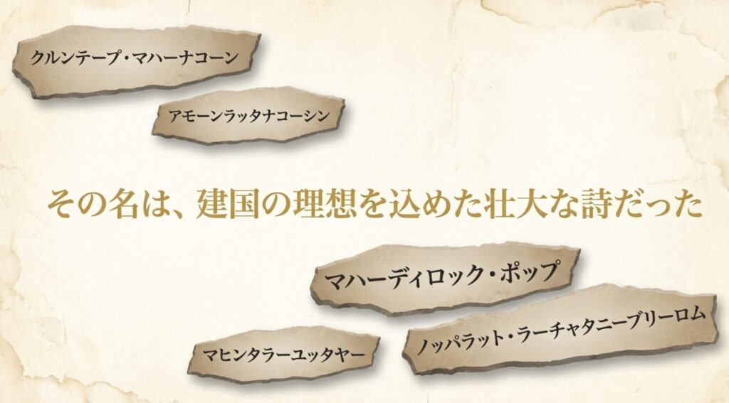 クルンテープ・マハーナコーンから始まる、バンコクの長い正式名称を読みやすく区切って並べたカタカナ表記のリスト