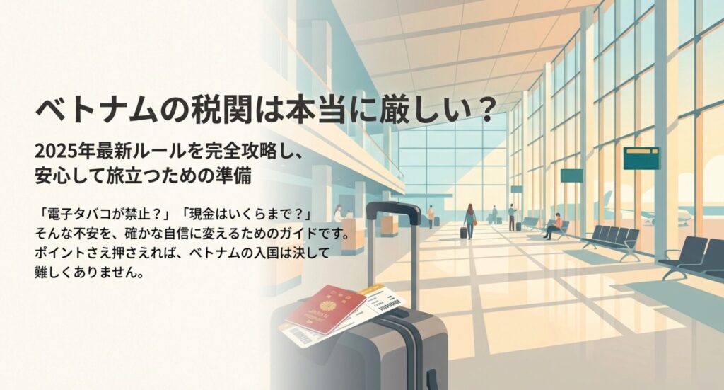 「ベトナムの税関は本当に厳しい？2025年最新ルールを完全攻略し、安心して旅立つための準備」と書かれたガイドの表紙スライド