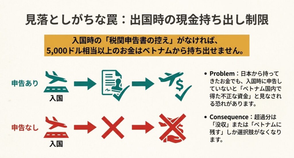 入国時に税関申告書の控えがないと、5,000ドル相当以上の現金をベトナムから持ち出せないリスクと、没収の可能性を説明する図解スライド