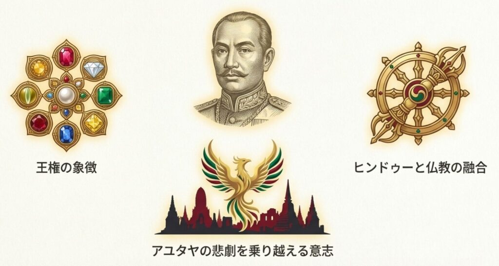 王権を象徴する九つの宝石(ノッパラット)、チャクリー王朝の王、法輪、ガルーダなど、都市名の後半部分の意味を表すイラスト