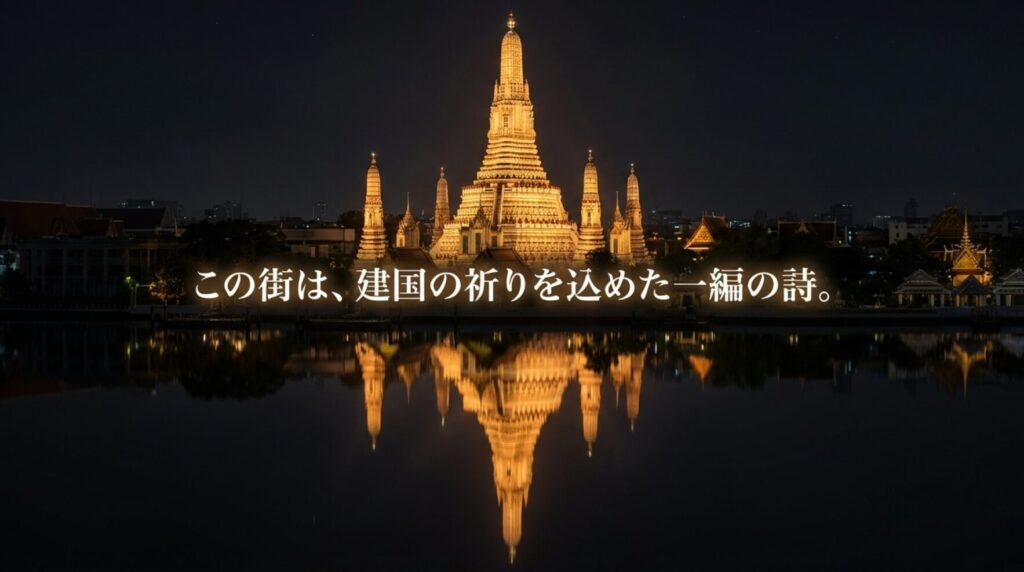 夕暮れのバンコクの寺院シルエットを背景に、「この街は、建国の祈りを込めた一編の詩」というメッセージが書かれた画像