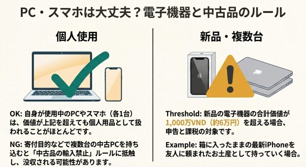 個人使用のPC・スマホはOKだが、新品の合計価値が1,000万VNDを超える場合や、寄付目的の複数台の中古PC持ち込みは制限・課税対象になることを示すスライド。
