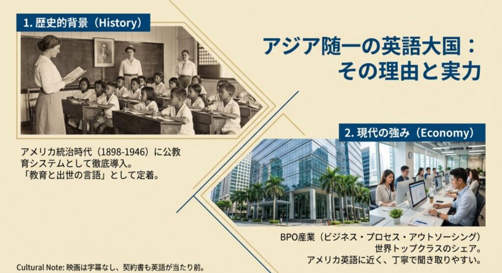 アメリカ統治時代からの教育制度と、現代のBPO産業（コールセンター等）での強みを紹介するスライド。
