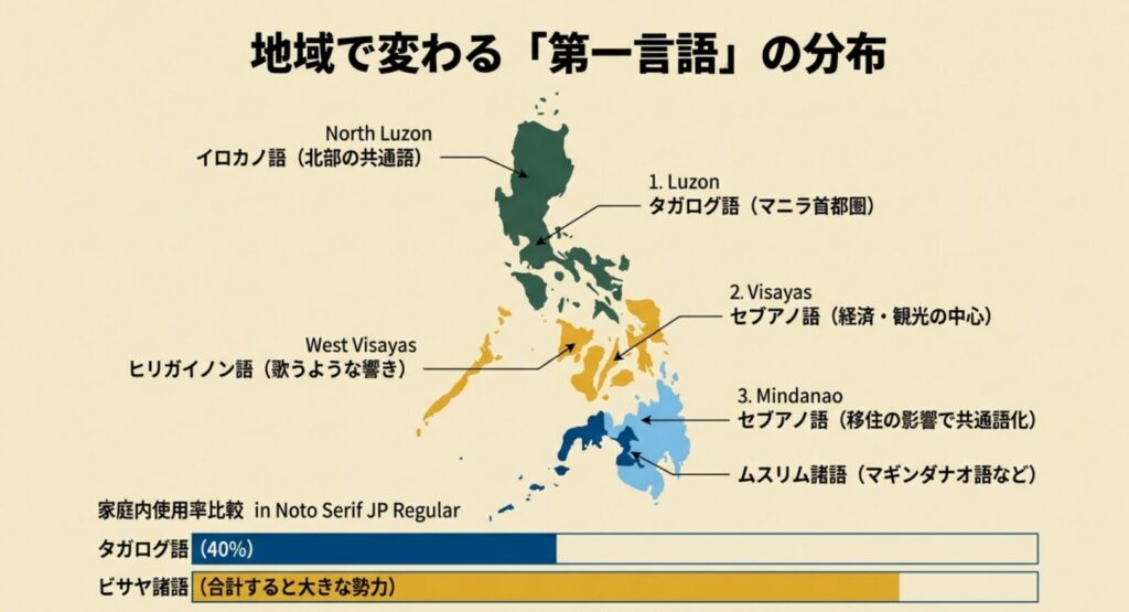 ルソンのイロカノ語、ビサヤのセブアノ語など、フィリピン各地域の第一言語の分布をまとめたスライド。