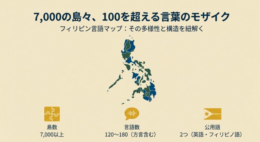 フィリピンの地図とともに、島数が7,000以上、言語数が120から180（方言含む）であることを示すスライド