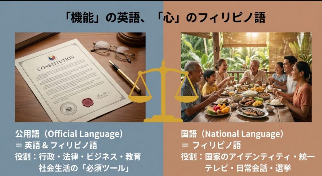 公用語（英語・フィリピノ語）が行政やビジネスの道具であり、国語（フィリピノ語）が国家のアイデンティティを象徴することを示す比較スライド
