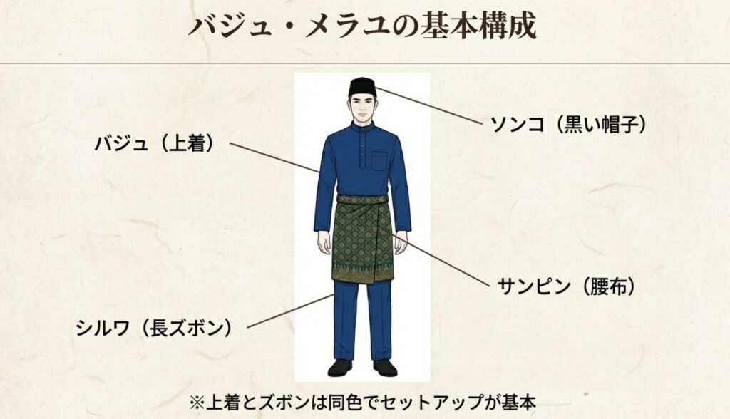 バジュ・メラユの各部名称（帽子、上着、ズボン、腰布）を解説したイラスト