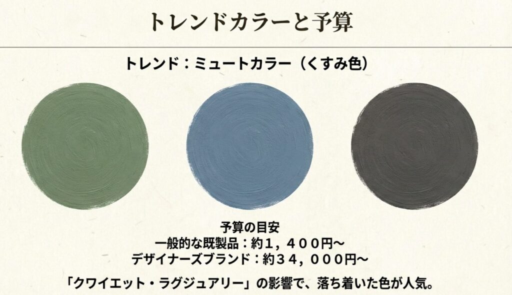 人気のミュートカラーの紹介と、既製品からデザイナーズブランドまでの予算目安