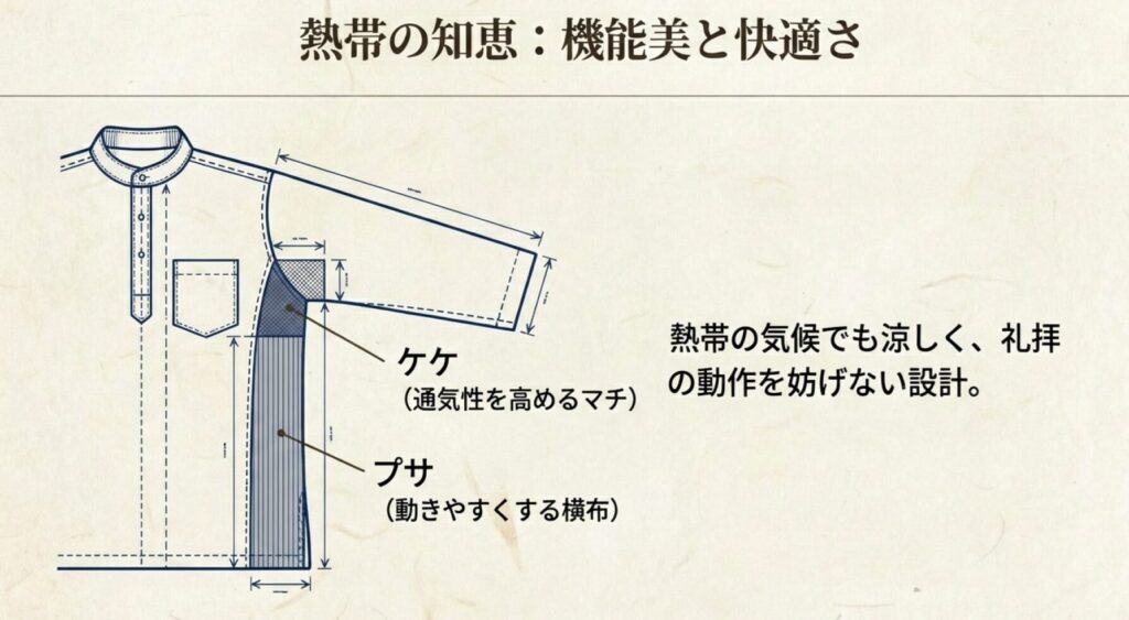バジュ・メラユの脇の下にある通気性を高める布「ケケ」と、動きやすくする横布「プサ」の図解