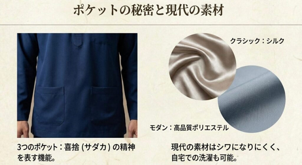 現代的なポリエステル素材の質感と、喜捨の精神を表す3つのポケットのアップ写真