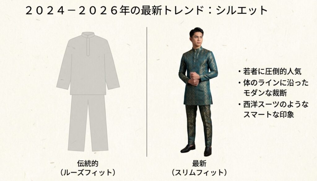 伝統的なルーズフィットと現代的なスリムフィットのシルエットの違いを比較した画像