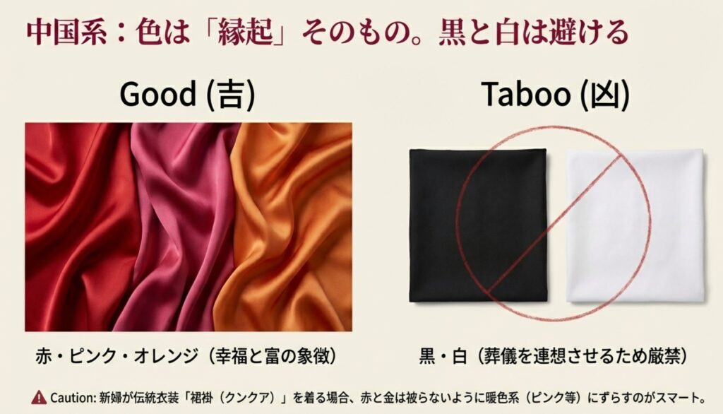 中国系結婚式における縁起の良い色（赤・ピンク・オレンジ）と厳禁な色（黒・白）。葬儀を連想させる黒と白の単色は避けるべきという解説。